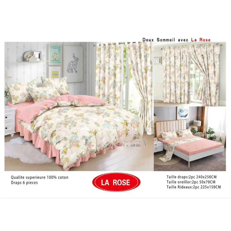 Ensemble Complet 6 Pièces : 2 Draps, 2 Taies Et 2 Rideaux - 100% Coton