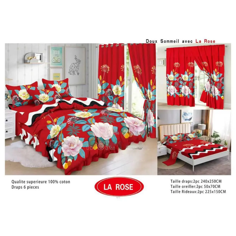 Ensemble Complet 6 Pièces : 2 Draps, 2 Taies Et 2 Rideaux - 100% Coton