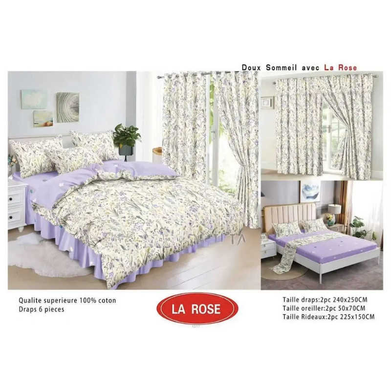 Ensemble Complet 6 Pièces : 2 Draps, 2 Taies Et 2 Rideaux - 100% Coton