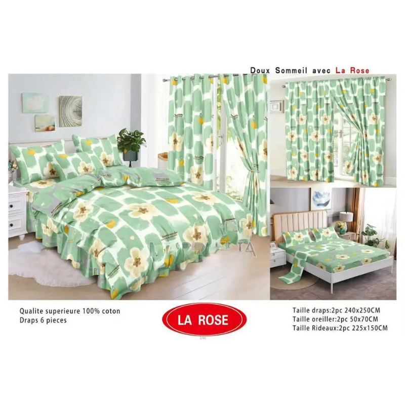 Ensemble Complet 6 Pièces : 2 Draps, 2 Taies Et 2 Rideaux - 100% Coton