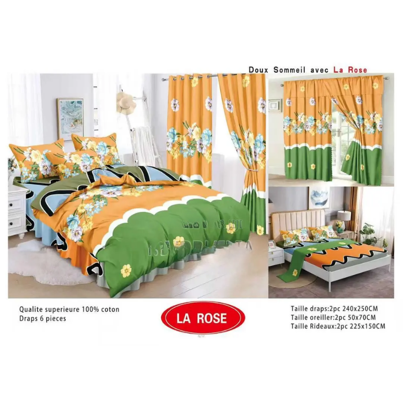 Ensemble Complet 6 Pièces : 2 Draps, 2 Taies Et 2 Rideaux - 100% Coton